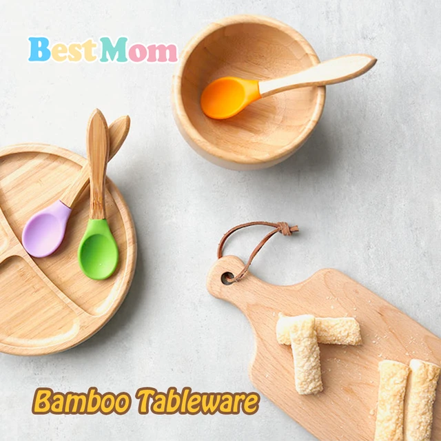 Juego de vajilla de bambú con ventosa de silicona para niños, cuenco, plato,  tenedor, cuchara, taza de succión, alimentación de alimentos, juego de 7  piezas - AliExpress