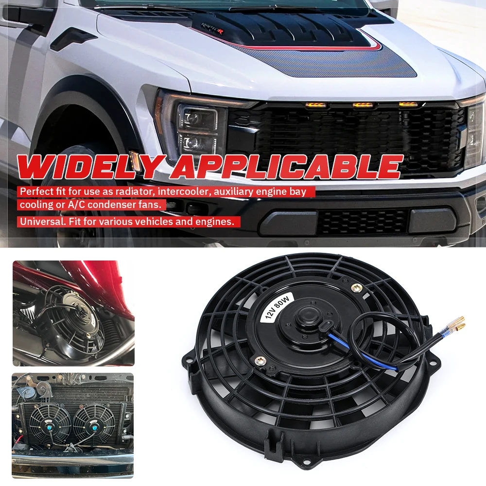 7 9 10 12 13 14 Inch Universal 12V 80W Slim Reversible Black Blade Electric Cooling Radiator Auto Fan Mounting Kit
