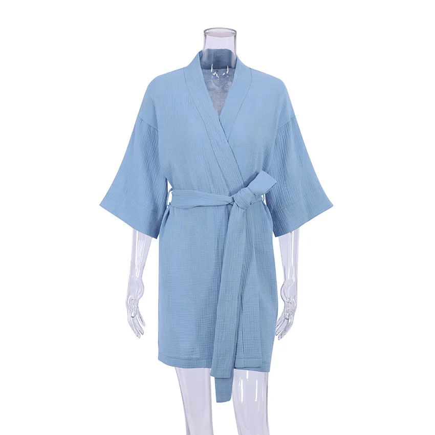 Women Crape Cotton Robe Nightwear Mini Bathrobe Lace Up