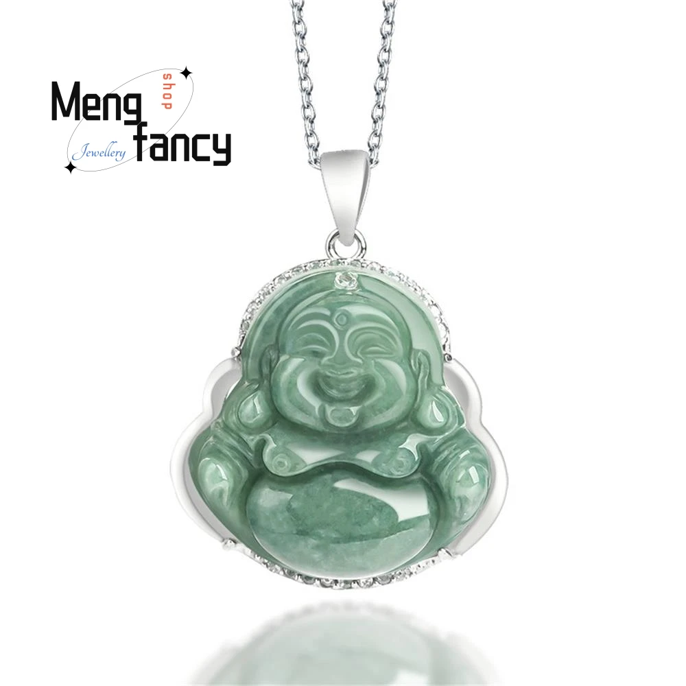 

Natural Jadeite A-cargo Bean Seed Maitreya Buddha S925 Silver Inlaid Jade Pendant Exquisite Elegant Luxury Fashion Fine Jewelry