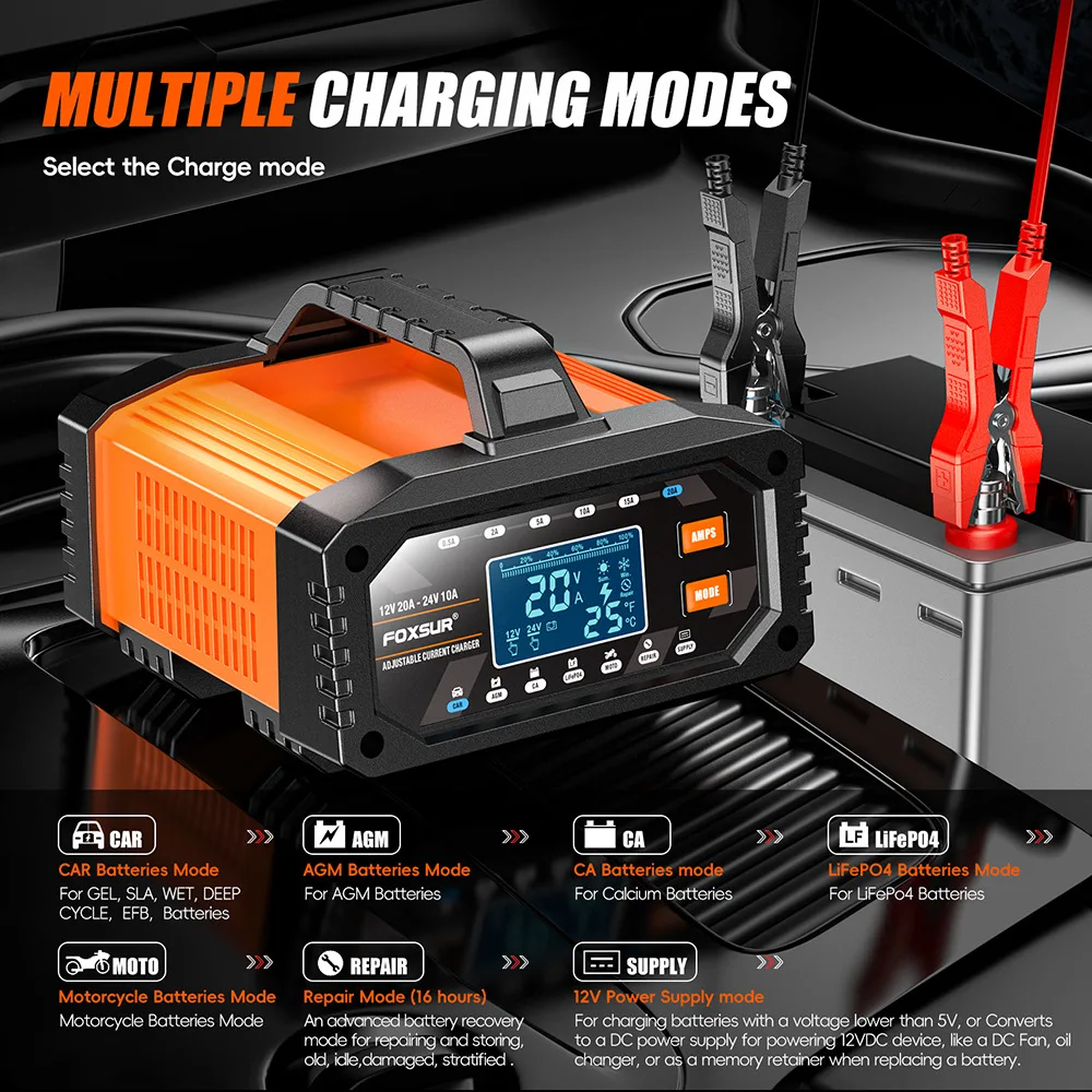 12V/24V Tragbares 0,5A-20A Auto ATV Motorrad Batterieladegerät Intelligentes Ladegerät für Lithium AGM GEL Blei-Säure LiFePO4 Batterien – Detail 5