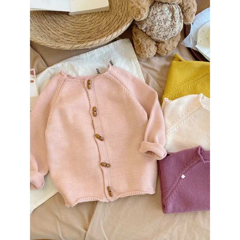 

Girls' round Collar Sweater Spring and Autumn New Baby Solid Color Knitted Cardigan Clothes for Babies All-Matching Western Styl