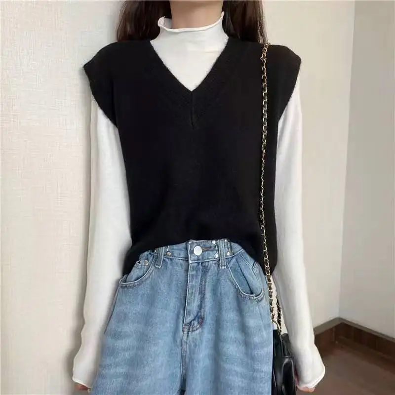 Fashion V-Neck Solid Color Knitted Loose Sleeveless Vest Sweater Women\'s Clothing 2022 Autumn New Casual Pullovers All-matchTops