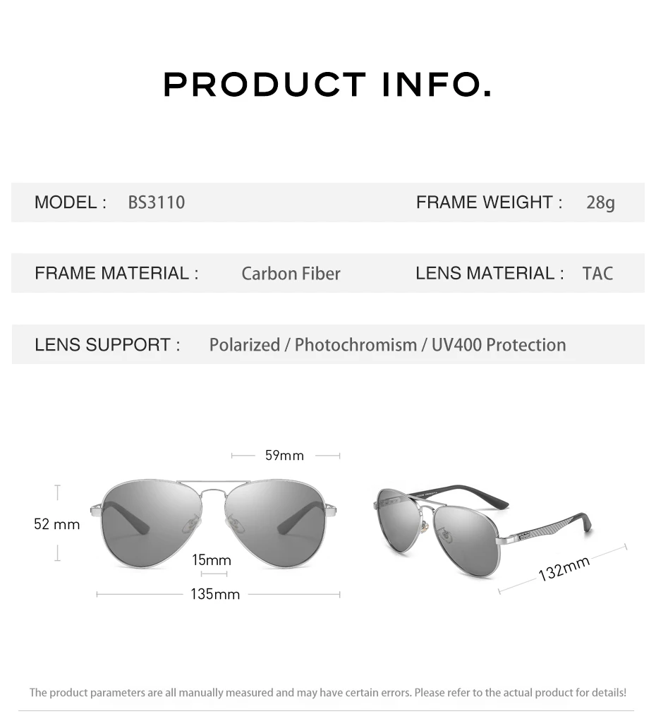 CAPONI Pilot Sonnenbrille Kohle faser Arm Sonnenbrille für Männer photo chrome polarisierte Doppelbrücke Marke Design Brille bs3110 – Detail 19