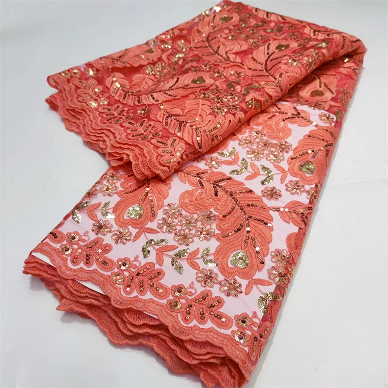 Nigerian Hot Sale Lace Orange Mesh Fabric 2022 African Fashion Sequins Tulle Lace French For Women Wedding Party Dress Sew