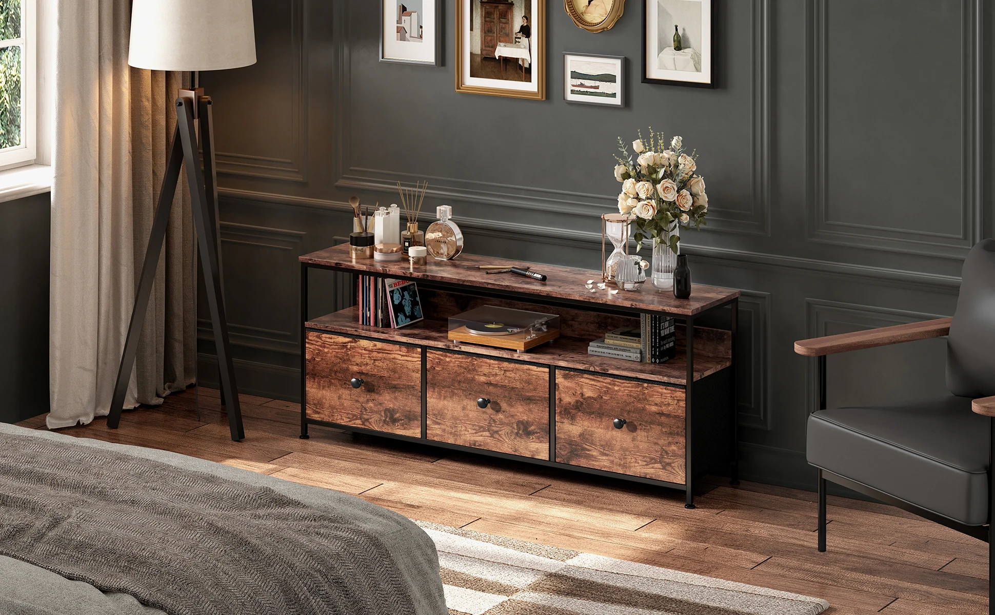 Lazyspace 108 cm TV-Schrank mit LED-Licht und 3 Schubladen, TV-Ständer mit Stoffschubladen, Muebles De Salon für Wohnzimmer – Detail 6