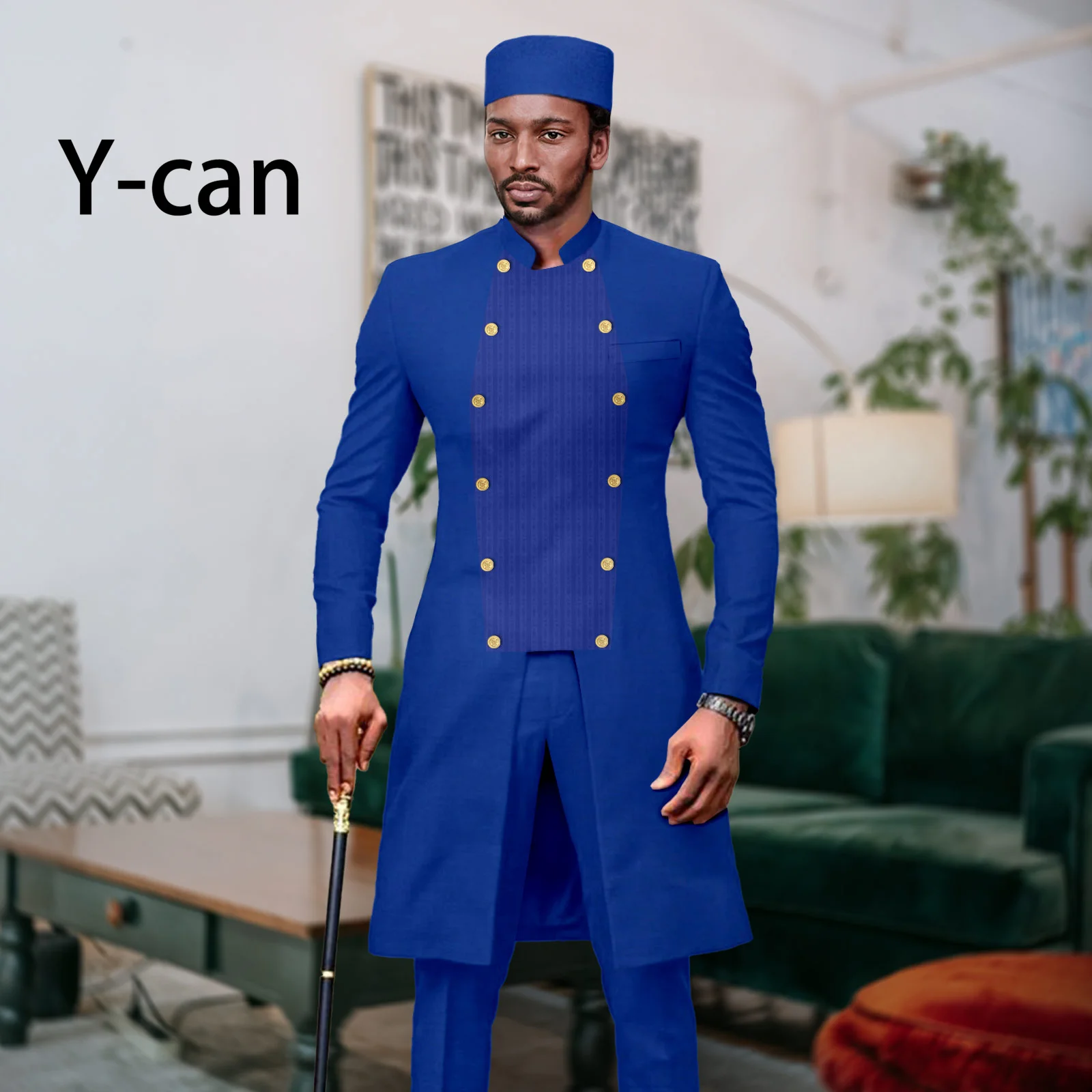 African Traditional Clothes for Men Wedding Suits 3 PCS Set Navy Blue Tuxedo Jacket and Trousers Match Muslim Caps A2316064 african suits for men 2023 spring summer 3 pcs set dashiki print jacket and trousers match muslim caps a2316052