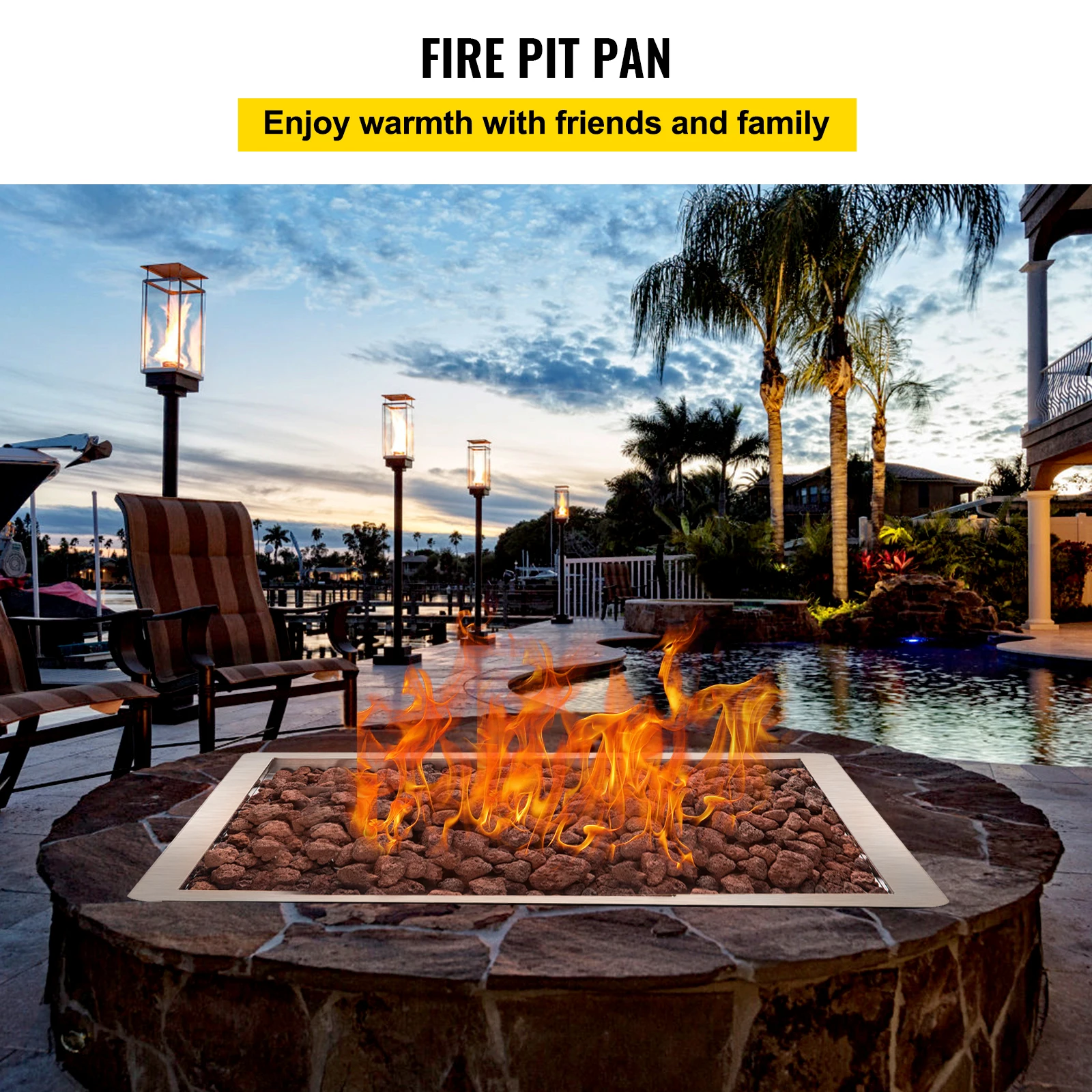 VEVOR Drop in Fire Pit Pan 18" x 18" Square Fire Pit Burner Stainless Steel Gas Pan with 1 Pack Volcanic Rock