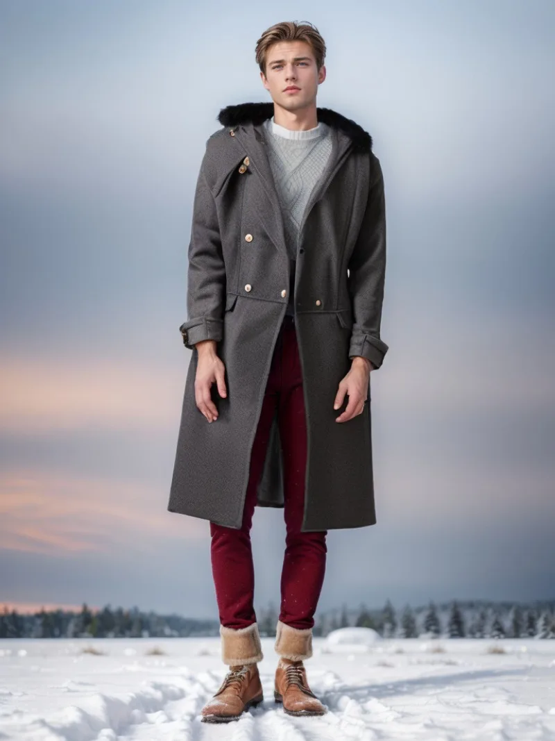 2025 New long Casual Woolen Coat Solid Slim Fit Double breasted Youth Men's Collar clothing trench coat men Wool cloak&mix