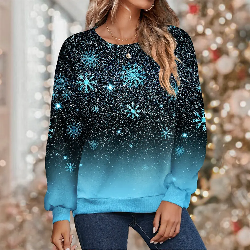 

Boutique Ladies Snowflake Aurora Print Hoodie Ladies Fashion Crew Neck Top Ladies Winter Warm Clothing Ladies Street Casual Wear