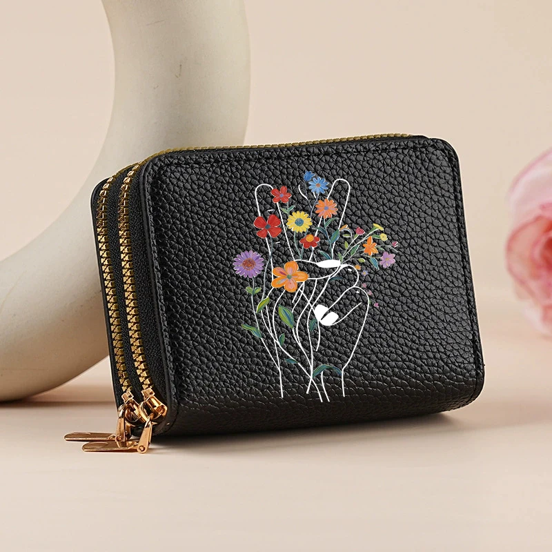 Flower Cat Damen-Geldbörse mit doppeltem Reißverschluss, Lychee-Muster, modischer, kurzer Kreditkartenhalter mit großem Fassungsvermögen und Münzfach – Detail 11