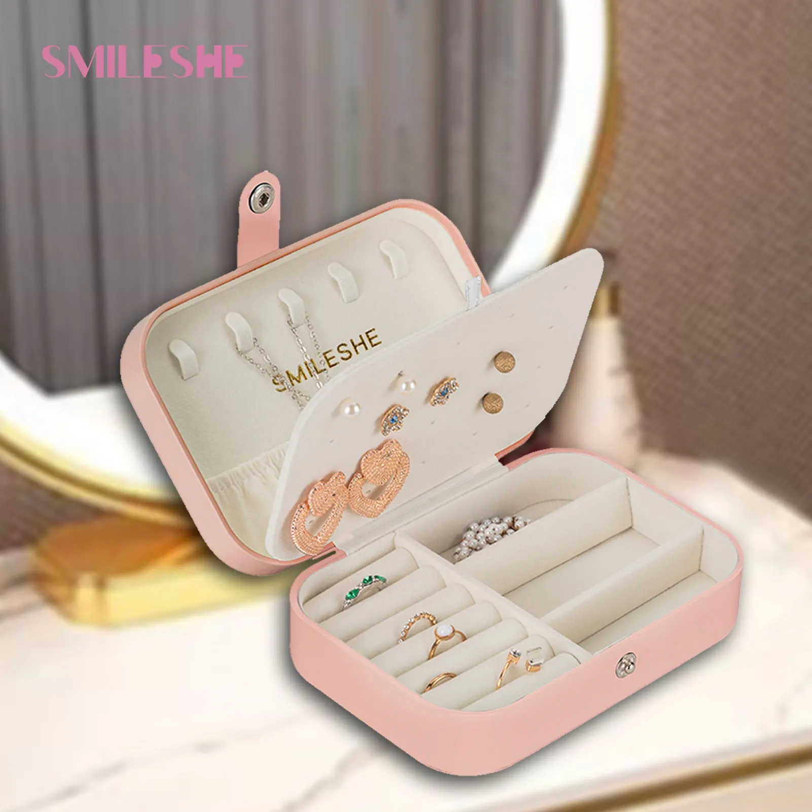 

Smileshe Pink Jewelry Box Earrings Necklace Rings Organizer Home Travel Buttoned Carrying Case Storage Boxes Gift for Women