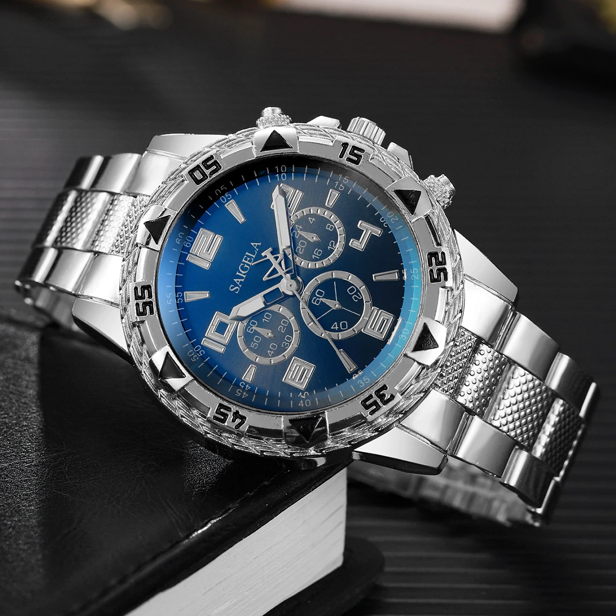 2Pcs/Set Fashion Men's Handsome Watch Hip Hop Fake Three Eyes Round Case Steel Belt Quartz Watch Set (Box Not Included)