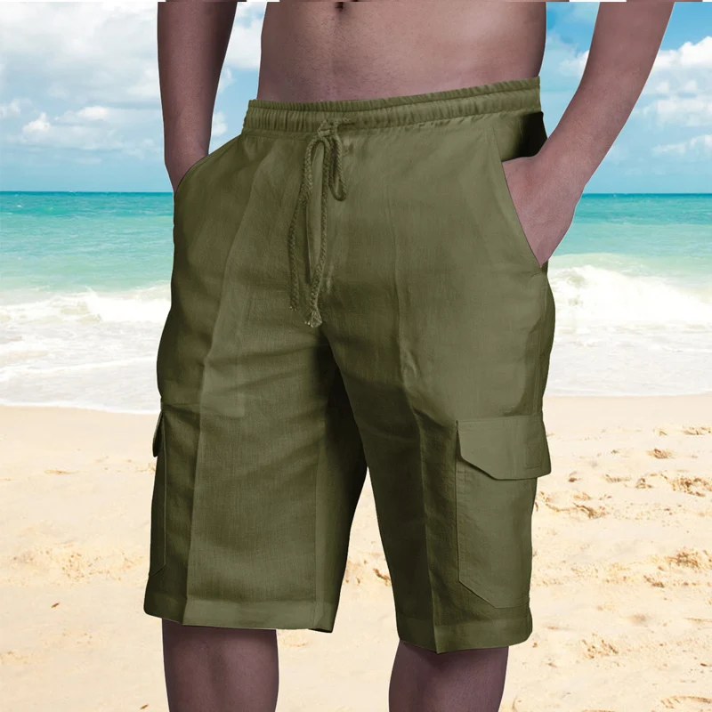 Summer New Solid Color Fashion Shorts Man High Street Elastic Waist Drawstring Pockets Fiberflax All-match Knee Length Pants