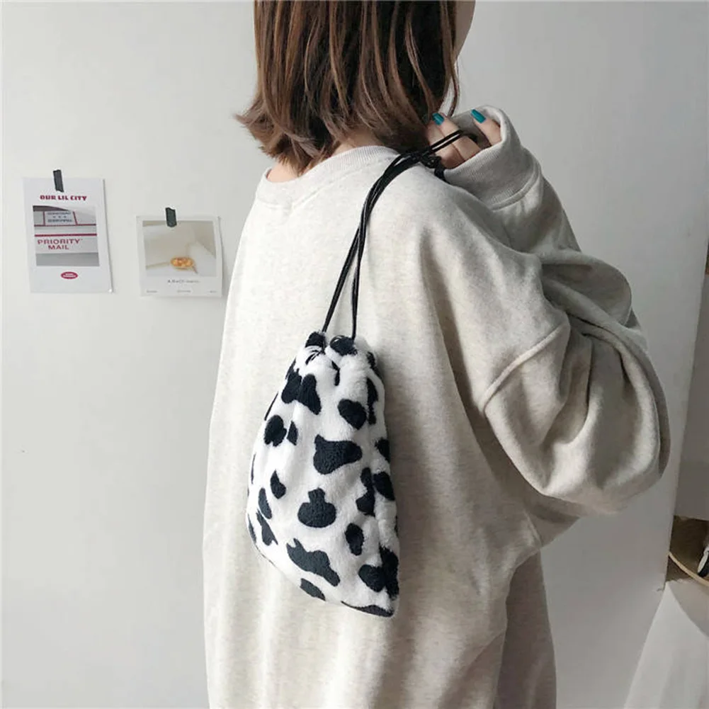 Women Milk Cow Print Plush Small Crossbody Bag Cow Shoulder Bag Phone Purse Versatile Bags for Female Sling Bag