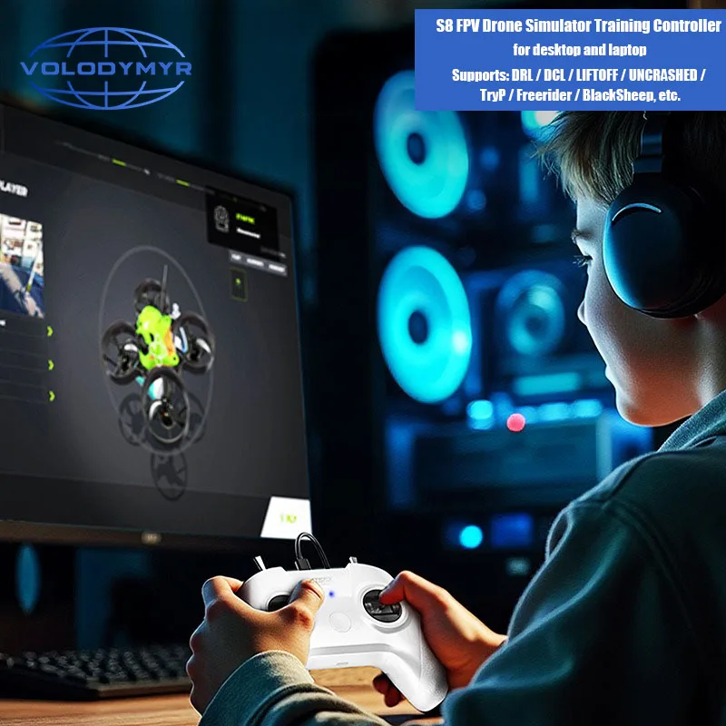 Simulateur VOLODYMYR S8 pour Machine à Vapeur - Formation Drone DJI avec trois télécommandes posées sur une surface