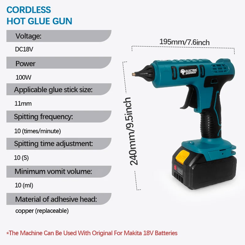 EGOD100W Cordless Hot Melt Glue Gun Lithium Battery Multifunction DIY Glue Gun with 11MM Stick for Makita 18V Battery