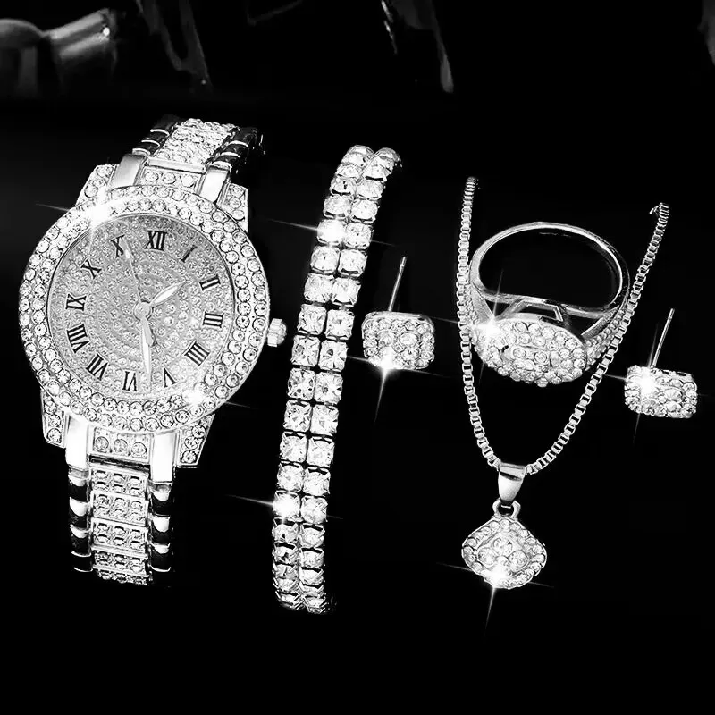 Golden Watch Women Ring Necklace Earrings Rhinestone Fashion Wristwatch Female Casual Ladies Watches Bracelet Set Clock, Alina Gadgets