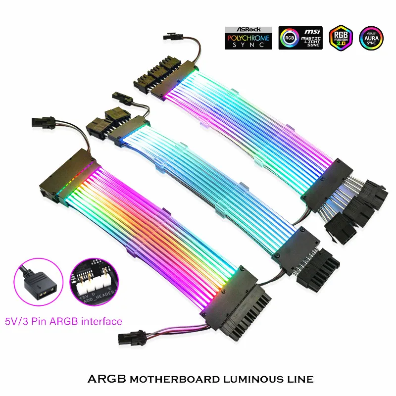 PSU Extension Cable RGB 5V ARGB ATX 24Pin 3pcs GPU 8Pin Triple Streamer  PCI-E 6+2Pin Dual Rainbow Cord Sync PC Case Decoration