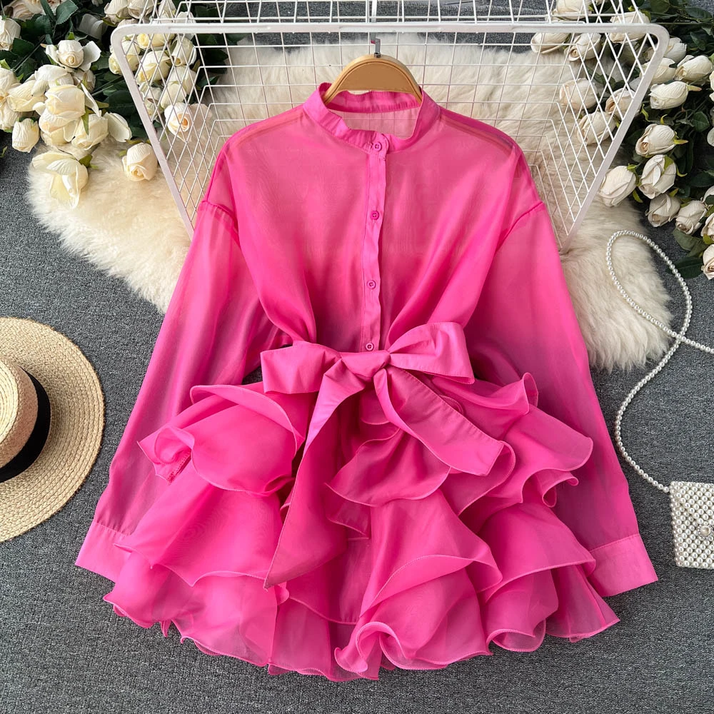 

Clothland Women Elegant Bow Tie Chiffon Blouse Ruffles Long Sleeve See Through Sashes Shirt Cute Casual Tops Blusa LA678