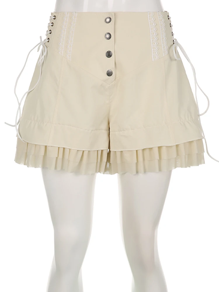 IAMSURE Vintage Sweet Bandage Ruffles Shorts Slim Solid High-Waisted Patchwork Shorts Women 2023 Summer Fashion Streetwear Lady