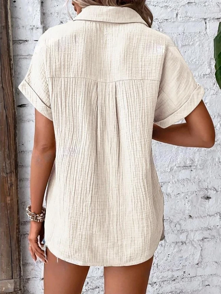 Women Casual Cotton Blouse Vintage Summer Short Sleeve Slim Shirt Elegant Turn Down Collar Solid Tunics Harajuku Streetwear Tops - 6