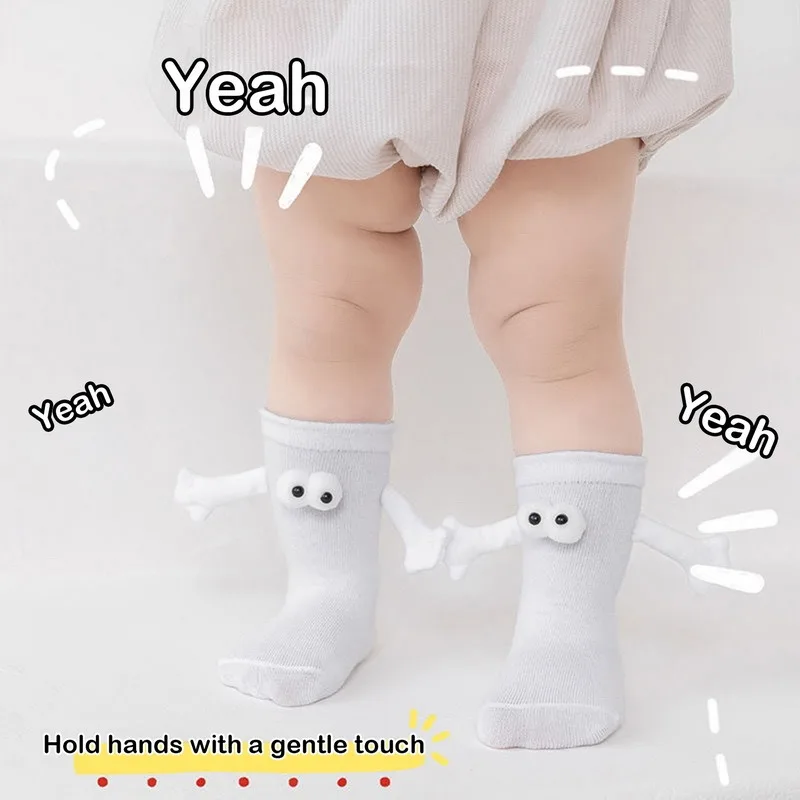 Cute Hand In Hand Socks For Children Boy Girl Solid Color Cartoon Eye Magnet Cotton Stocking Mid Tube Socks For Funny Gift 1pair 2