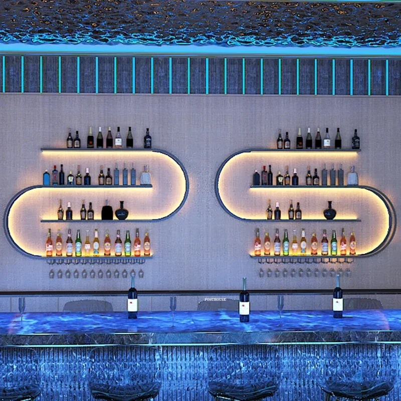 Nordic Iron Art Wine Cabinets with Light Wall Mounted Wine Rack Creative Geometric Art Restaurant Showcase for Bar Furniture
