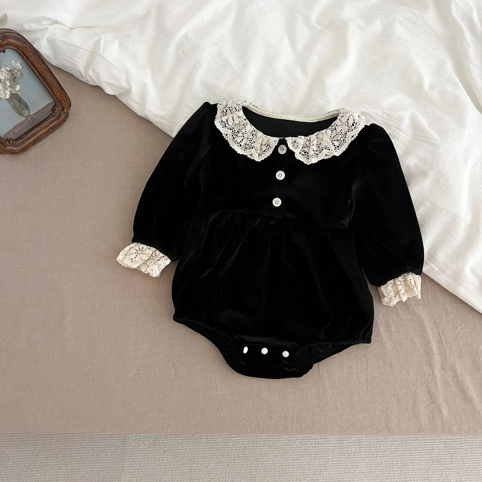 Kind Mädchen Zwei Stil Kleid Elegante Burgund Samt Outfits Spitze Peter Pan Kragen Spitze Getrimmt Manschetten Kinder Rock Baby Strampler – Detail 34