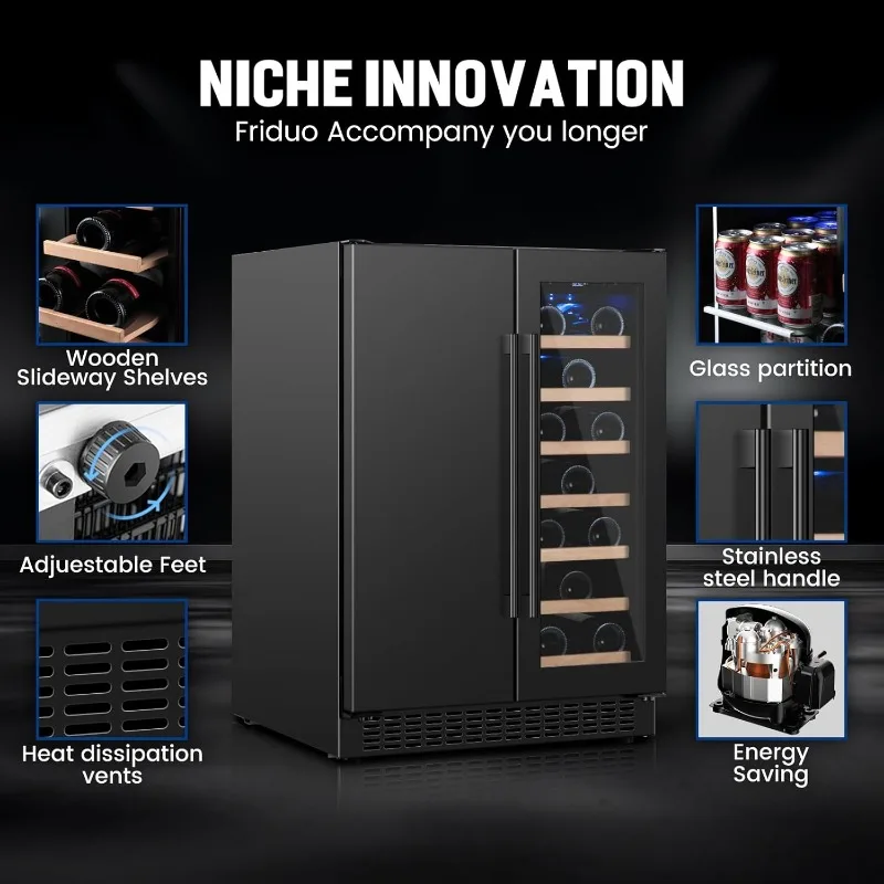 Wine and Beverage Refrigerator, 24inch Dual Zone Wine Cooler, 20Bottles 88Cans Undercounter Black Beverage Fridge for Bar Office 5