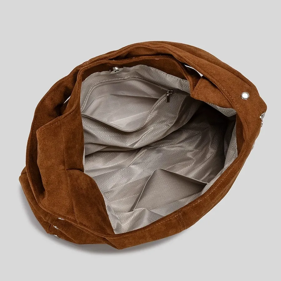 Vintage Large Capacity Faux Suede Women Shoulder Bags Punk Rivet Lady Handbags Luxury Soft Pu Leather Tote Bag Trend 2025