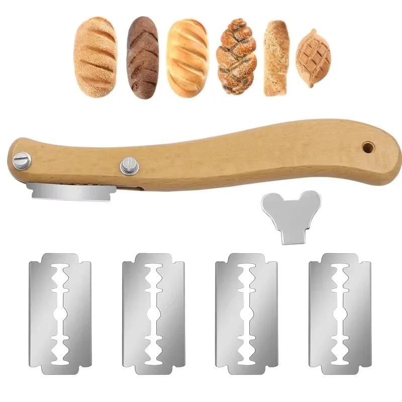 Bread Lame Tool with Wooden Handle and Replaceable Stainless Steel Blades for Artisan Bread Scoring and Baking Decoration