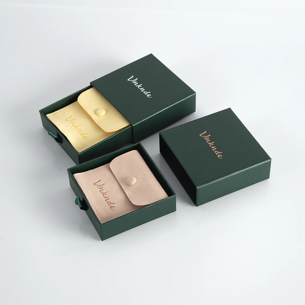 Blackish Green 9x9x1.7cm Paper Cardboard Drawer Fashion Jewelry Packaging Box Inside with 8x8cm Microfiber Snap Button Gift Bag