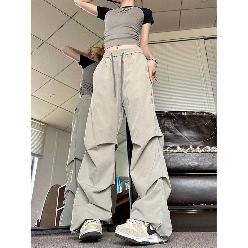 QWEEK Vintage Parachute Pants Women Black Baggy Y2k Streetwear Korean Fashion Pleated Cargo Trousers Harajuku 90s Aesthetic Kpop