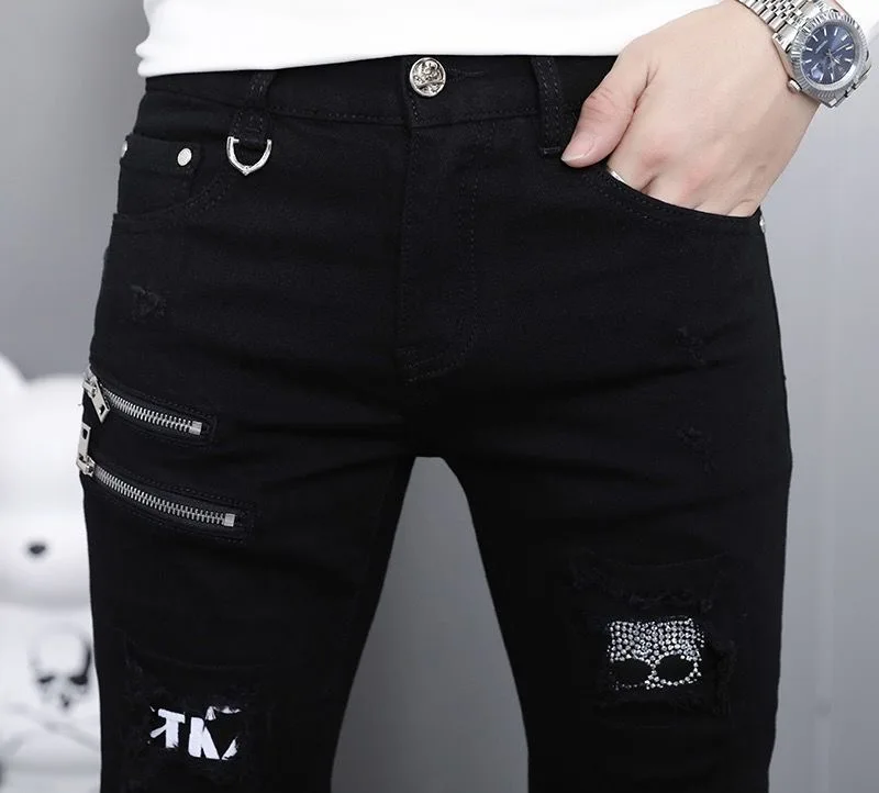 Black Straight Leg Ripped Jeans Material Detail