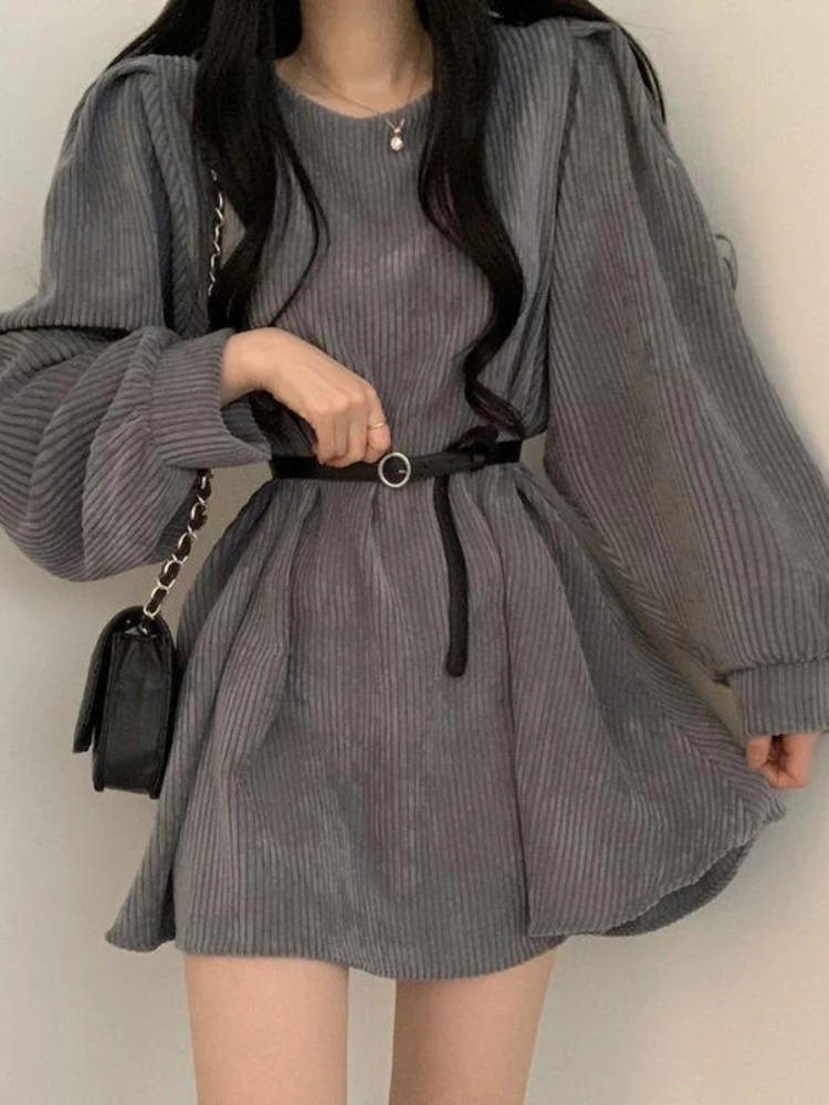 

French Retro Puff Sleeve Dresses for Women 2023 Autumn Winter with Belt Corduroy Dress Woman Temperament Waist Solid Mini Dress