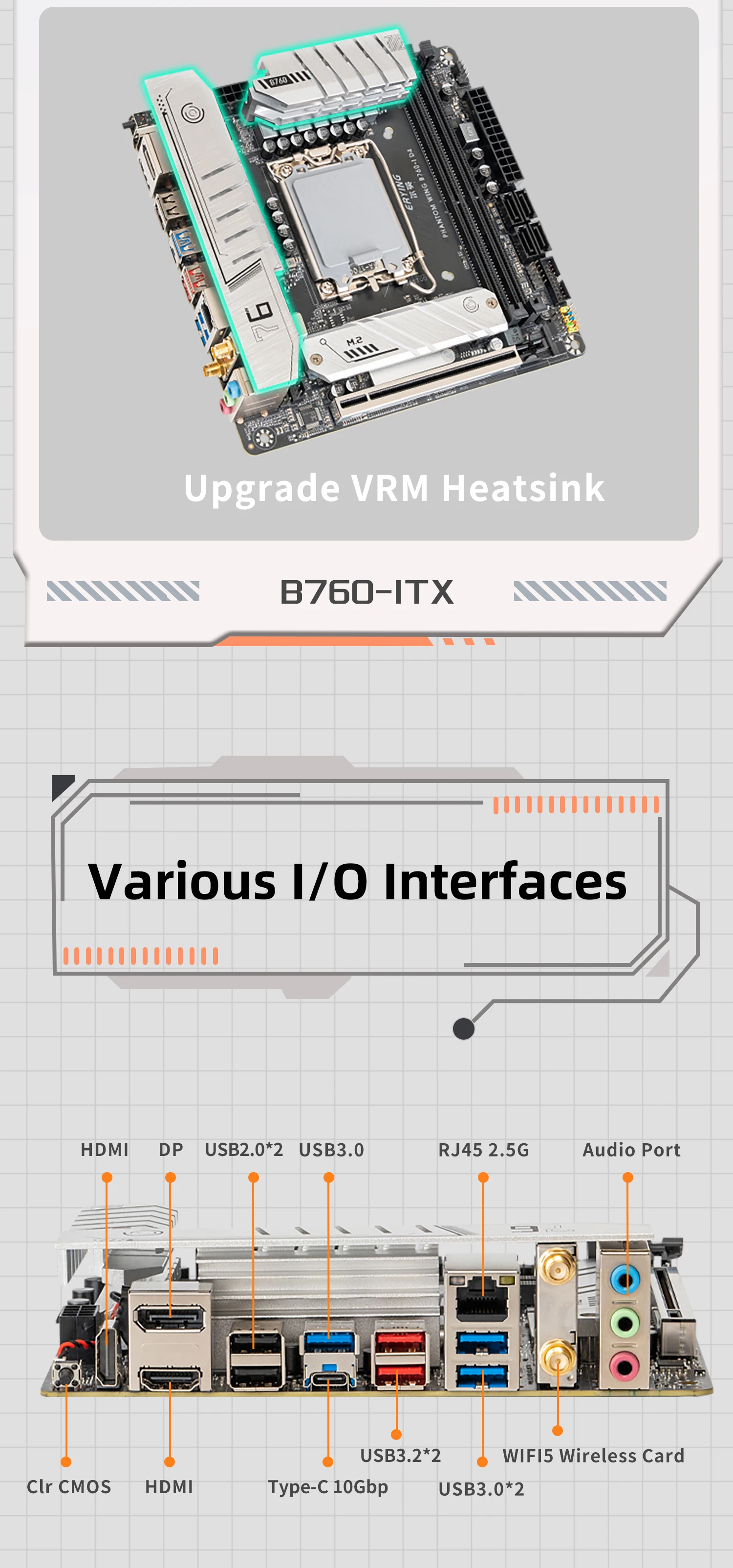 Description Picture 4 of itemERYING ITX B760i Motherboard WIFI 5 Card LGA 1700 Support Core 12/13th i9/i7/i5/i3/Pentium CPU DDR4 Memory Desktop Black Color