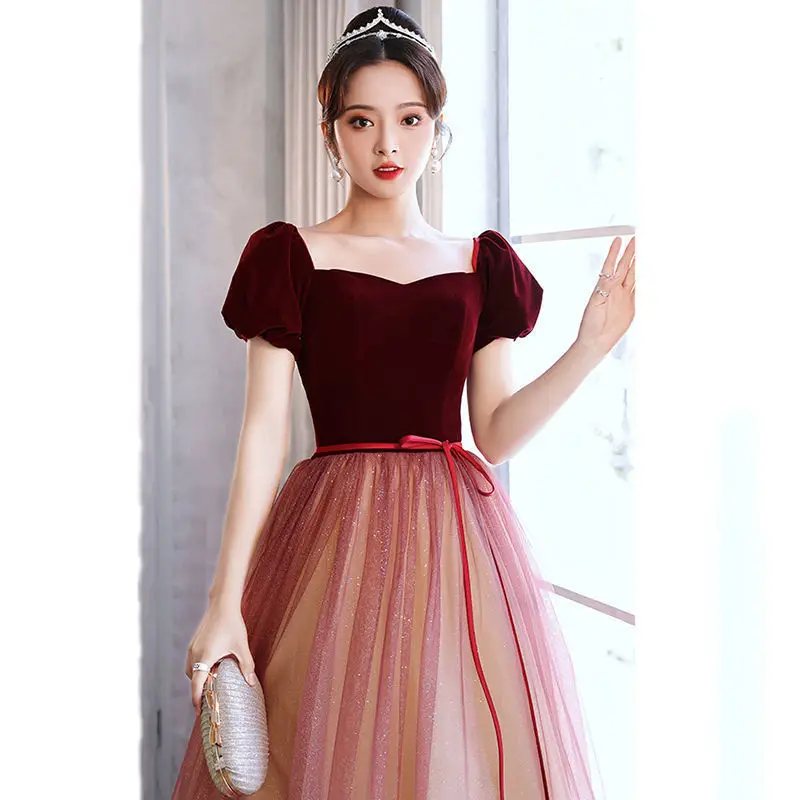 

Burgundy Evening Dress Women Square Collar Puff Sleeve Slim Dress 2023 New Spring/Summer Engagement Birthday Gowns