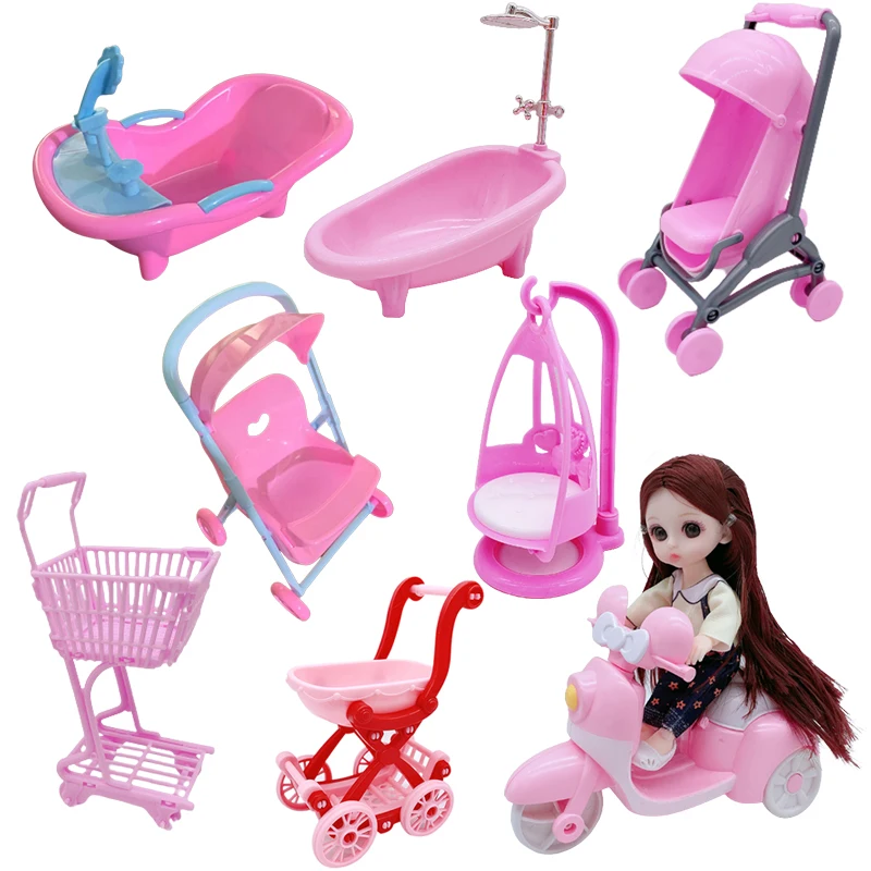 Kawaii Baby Doll Accessories Shopping Cart Bathtub Motorcycle Baby Cart Swing for Dolls Dollhouse Mini Items Toys for Kids Play