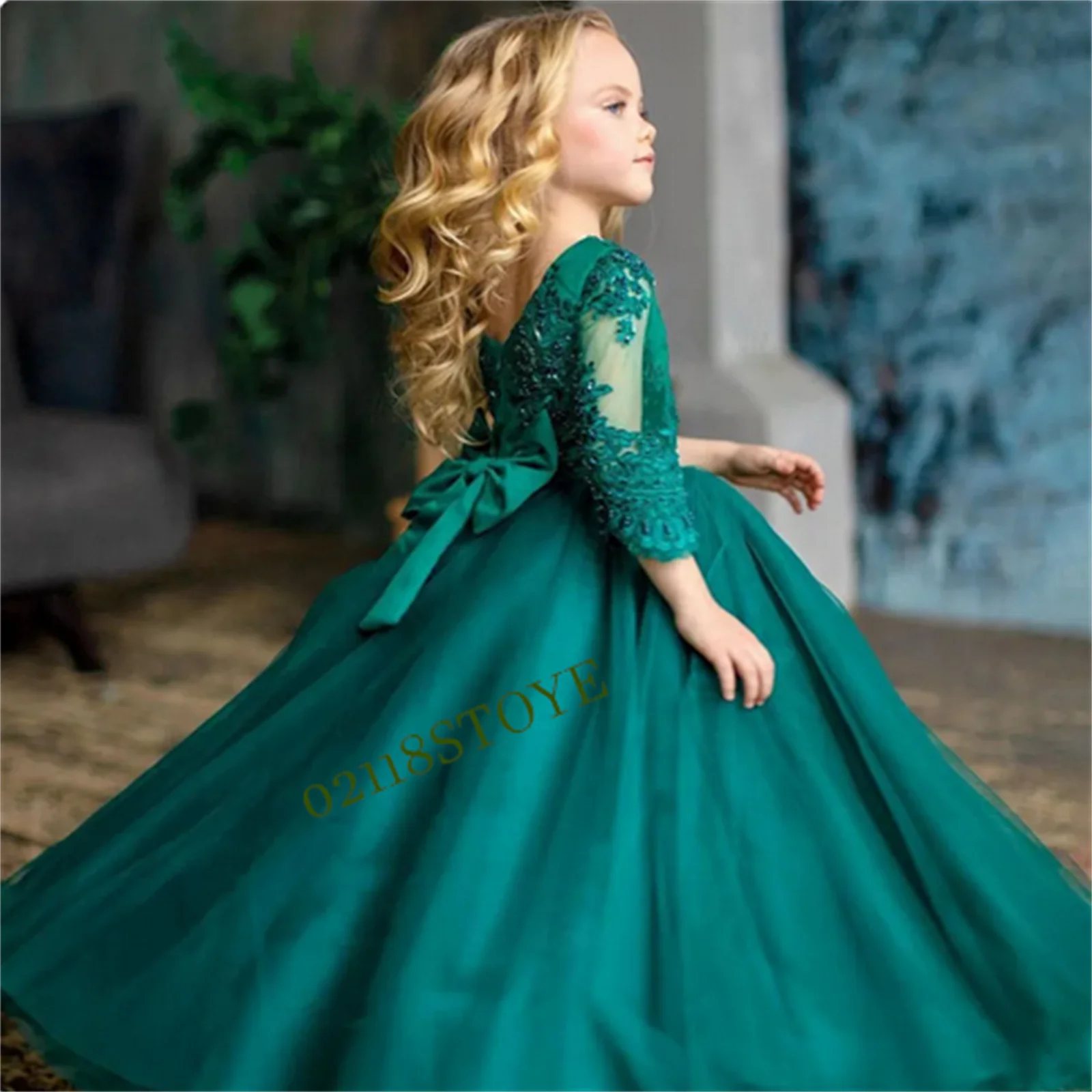 green-flower-girls-dresses-2023-o-neck-lace-applique-puffy-kids-wedding-party-dress-3-4-sleeves-bow-tulle-girl-princess-gowns