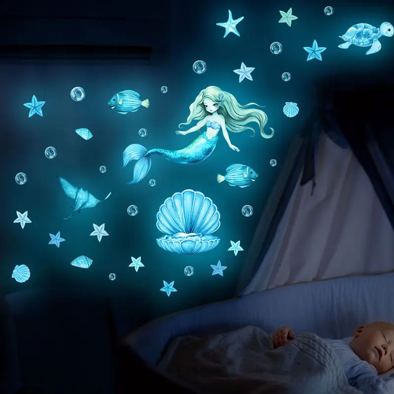 Glow In The Dark Mermaid Stickers Kids Room Decor Sea Animals Luminous Wall Sticker Seabed Marine Life Starfish Glowing Decals