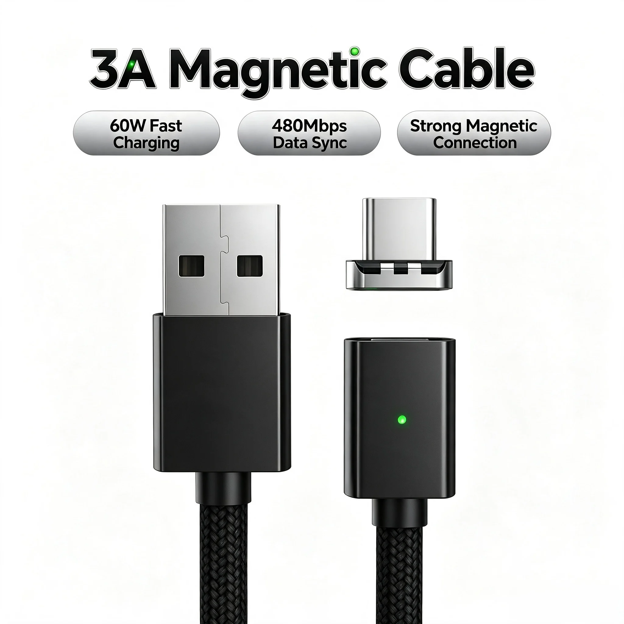 Magnetic 3-in-1 USB Charging Cable with Interchangeable Magnetic Heads - 3m