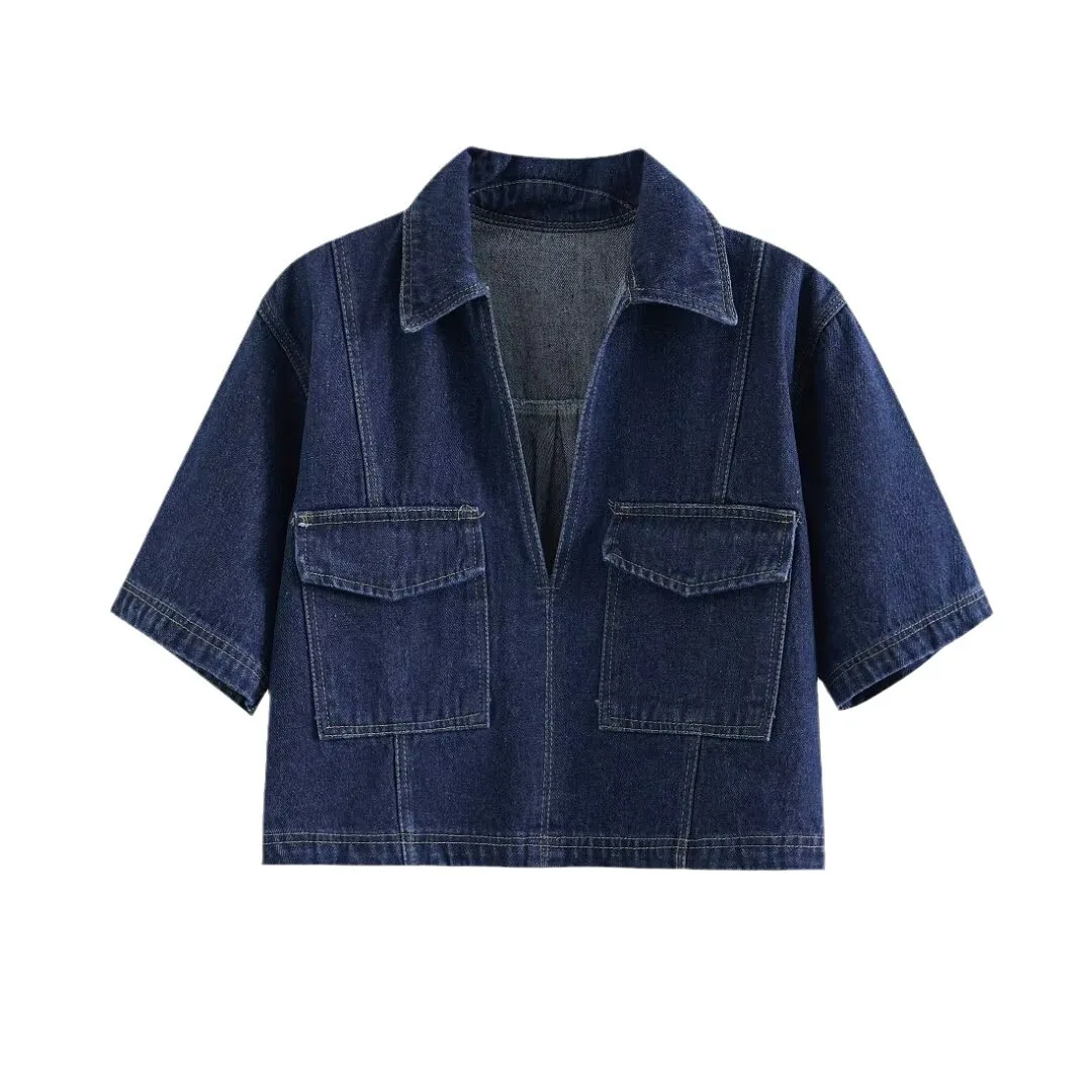 2024 summer Women's Fashion Flip Pocket Decoration Short Flip Collar Slim fit denim Top + Asymmetric Denim Skirt 2 Piece Set