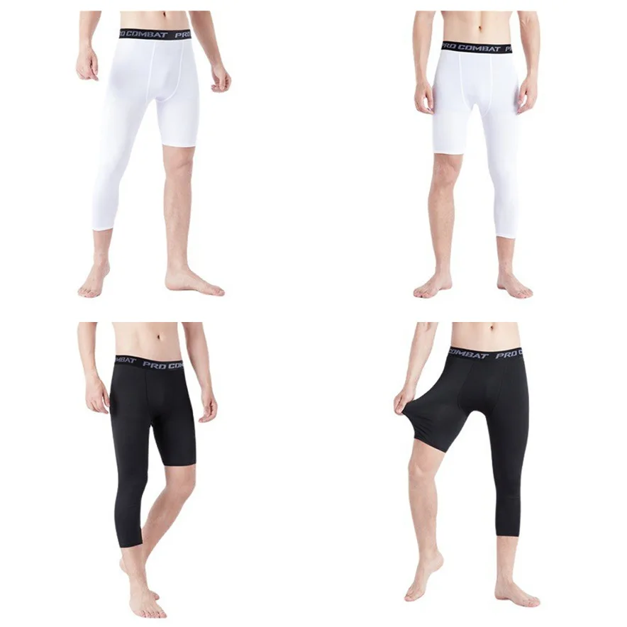 Mens Gym Taining Pants Single Leg 3/4 Length Pants Compression Jogging Five-Point Black White Sports Tights