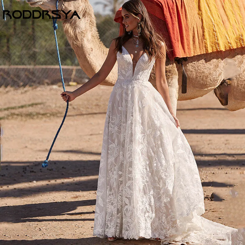 

RODDRSYA Fashion V-Neck Tulle Wedding Dresses For Women Boho Sleeveless Lace Appliques Bride Gowns Backless A-Line Vestido Novia