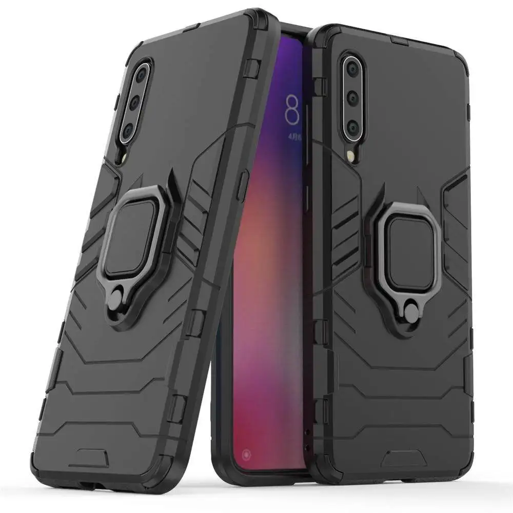 Luxury Armor Shockproof Phone Case with Metal Ring Holder - Silicone TPU and Hard PC Design