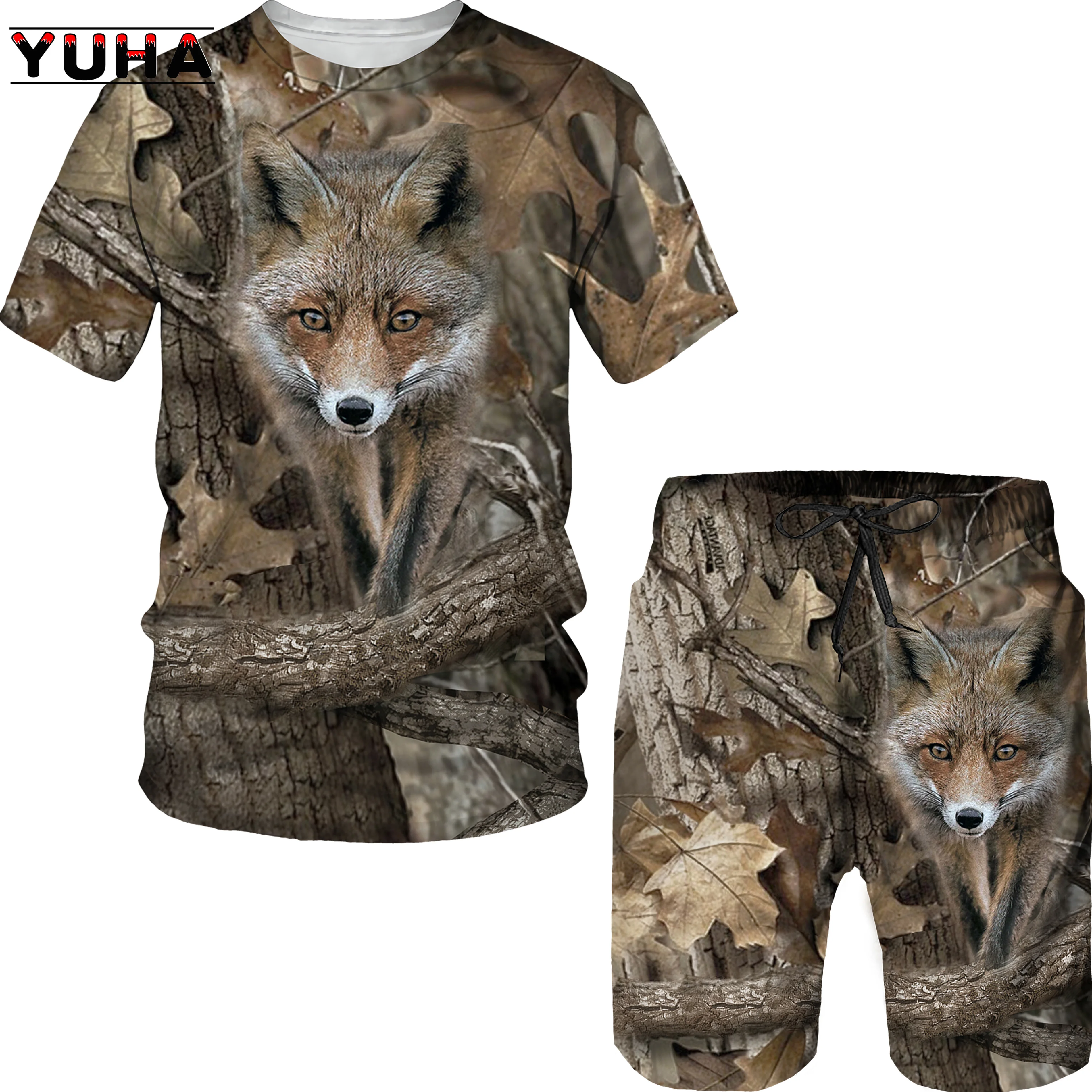 YUHA, Summer Casual Camouflage Hunting Animal Wild Boar \Fox 3D T-Shirt Fashion Men's Tracksuit Short Sleeve Sportwear Men Cloth