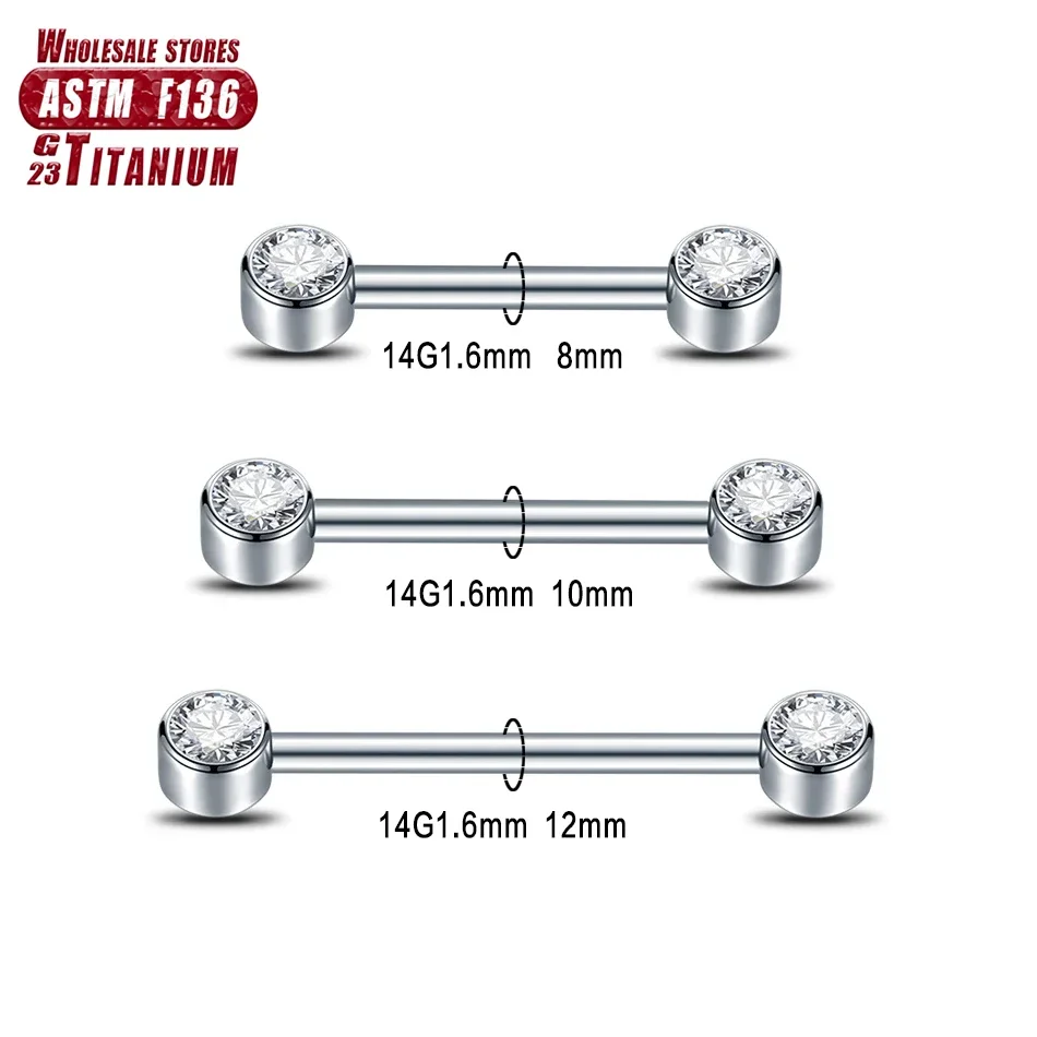 Titanium Zircon Nipple Barbell Rings with CZ Bezel Set