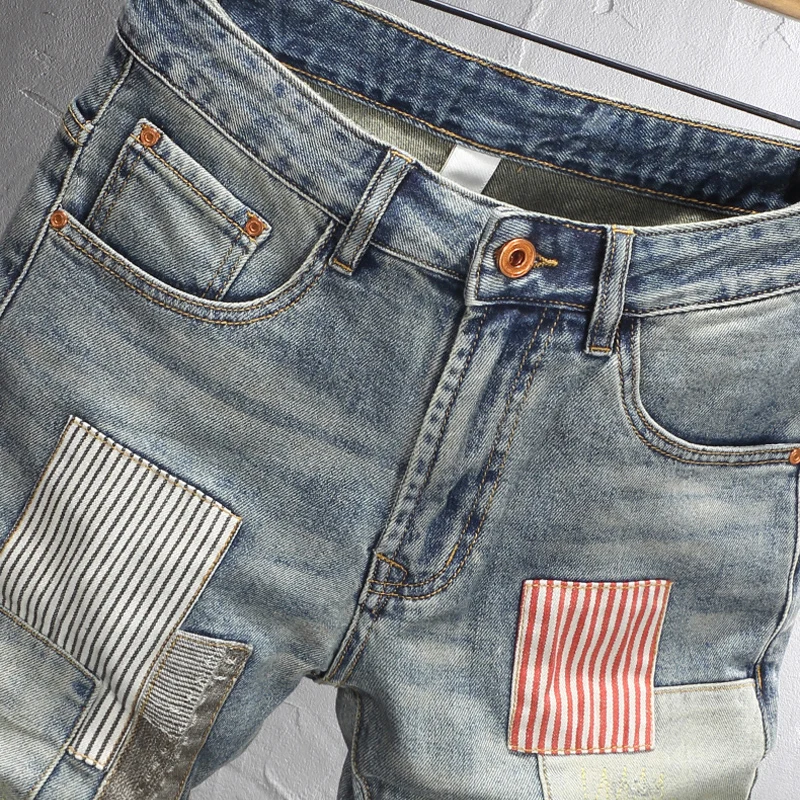 Newly Fashion Designer Men Jeans Summer Casual Retro Blue Stretch Slim Fit Ripped Short Jeans Patched Hip Hop Denim Shorts Men