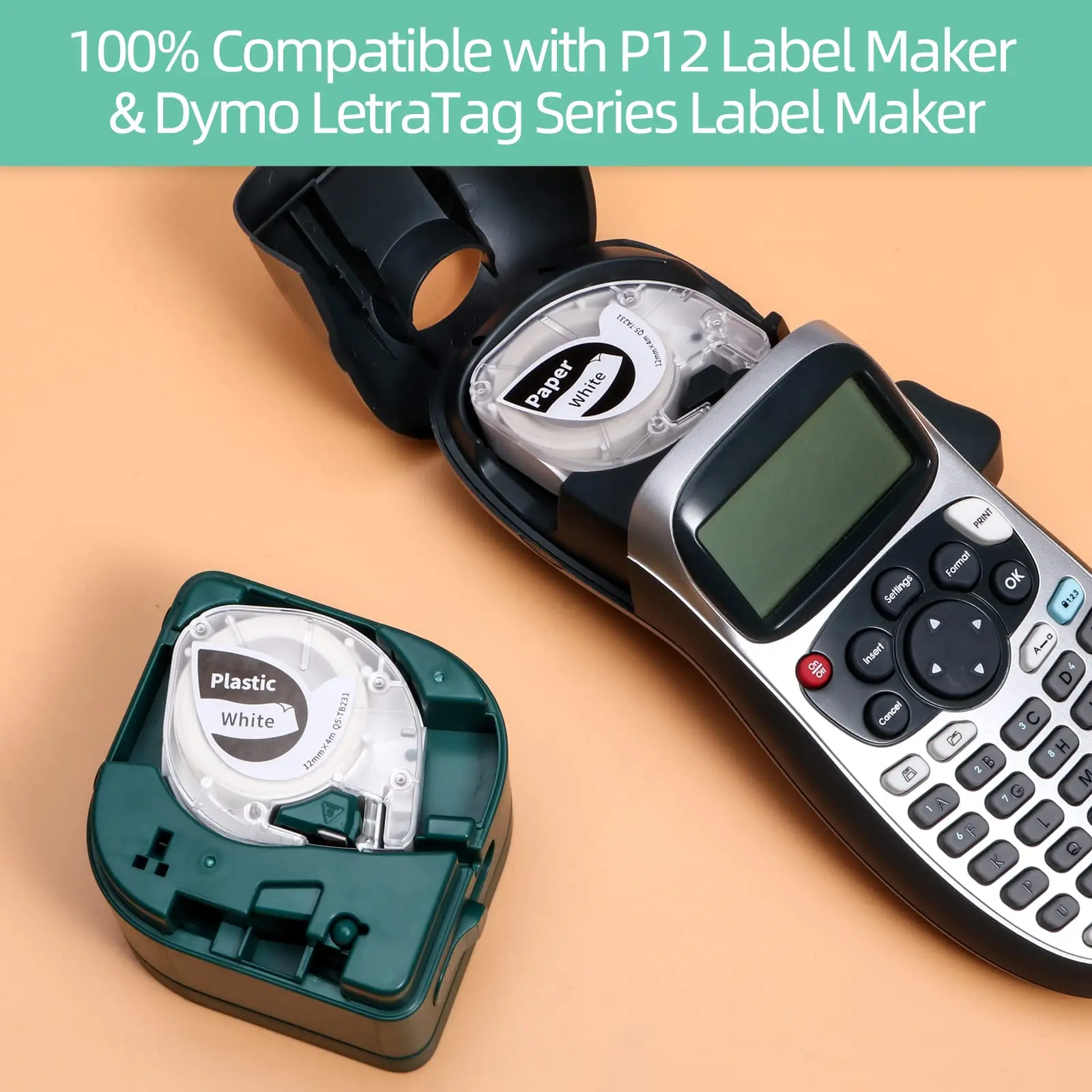 Nastro Etichette Aken 12mm X 4m - Compatibile Con Dymo LetraTag - Nero Su Bianco - Confezione Da 5 Rotoli - Per Etichettatrici - Foto 2